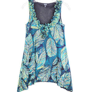 Rafaella Top M Green Leaf Print Ruffled Neckline
